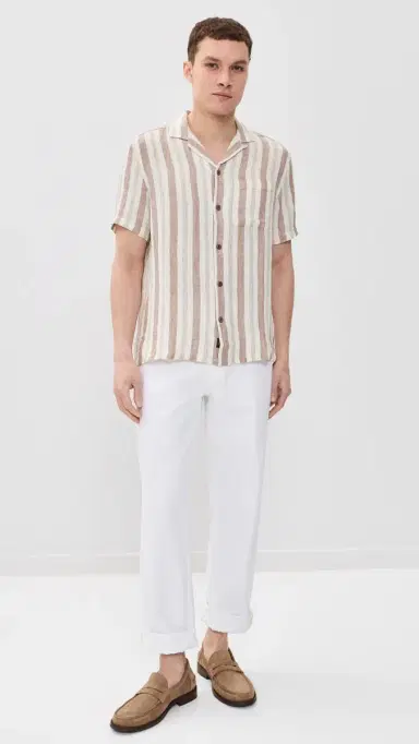Faherty hort leeve Palma Linen Camp hirt Island Brown tripe | Thumbnail 5 Faherty hort leeve Palma Linen Camp hirt Island Brown tripe | Thumbnail 5