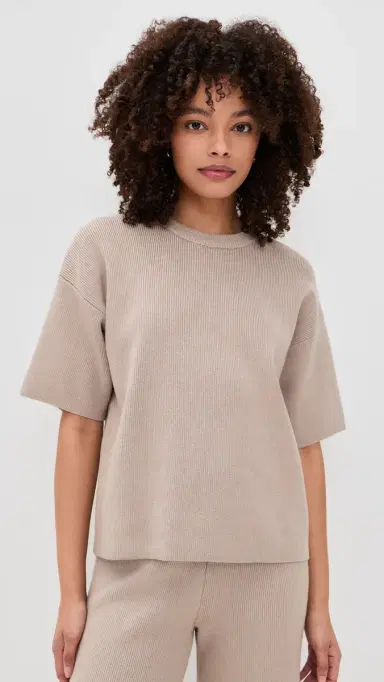 English Factory Collar Knit Half Sleeves Top Taupe | Thumbnail 2 English Factory Collar Knit Half Sleeves Top Taupe | Thumbnail 2