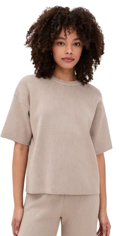 English Factory Collar Knit Half Sleeves Top Taupe | Thumbnail 1 English Factory Collar Knit Half Sleeves Top Taupe | Thumbnail 1