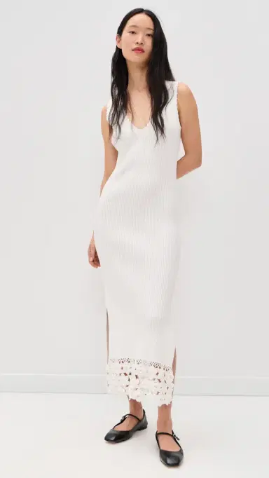 Ganni Fine Cotton Rib Crochet V-neck Dress Egret L | Thumbnail 2 Ganni Fine Cotton Rib Crochet V-neck Dress Egret L | Thumbnail 2