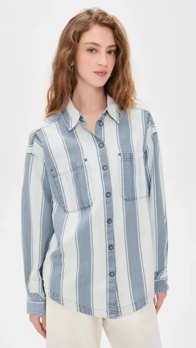Free People Crossroads Striped Button Down Shirt Indigo Combo | Thumbnail 2 Free People Crossroads Striped Button Down Shirt Indigo Combo | Thumbnail 2