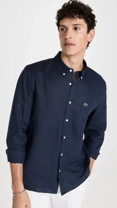 Lacoste Regular Fit Linen Casual Button Down Shirt Navy Blue | Thumbnail 2 Lacoste Regular Fit Linen Casual Button Down Shirt Navy Blue | Thumbnail 2