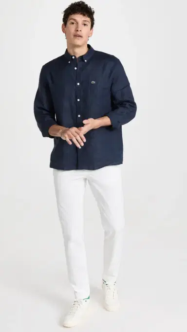 Lacoste Regular Fit Linen Casual Button Down Shirt Navy Blue | Thumbnail 5 Lacoste Regular Fit Linen Casual Button Down Shirt Navy Blue | Thumbnail 5
