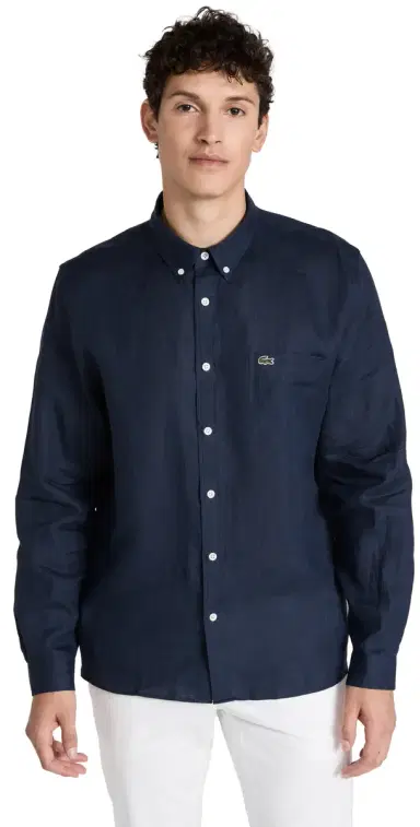 Lacoste Regular Fit Linen Casual Button Down Shirt Navy Blue | Thumbnail 1 Lacoste Regular Fit Linen Casual Button Down Shirt Navy Blue | Thumbnail 1
