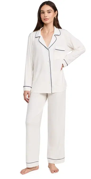 Eberjey Gisele The Long Pajama Set Pure /Navy | Thumbnail 1 Eberjey Gisele The Long Pajama Set Pure /Navy | Thumbnail 1