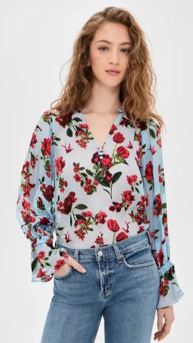 ALICE + OLIVIA Moranne Blouson Ruffle Sleeve Top American Beauty Carolina Blue | Thumbnail 2 ALICE + OLIVIA Moranne Blouson Ruffle Sleeve Top American Beauty Carolina Blue | Thumbnail 2