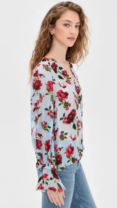 ALICE + OLIVIA Moranne Blouson Ruffle Sleeve Top American Beauty Carolina Blue | Thumbnail 4 ALICE + OLIVIA Moranne Blouson Ruffle Sleeve Top American Beauty Carolina Blue | Thumbnail 4
