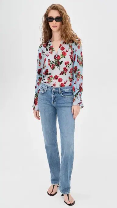 ALICE + OLIVIA Moranne Blouson Ruffle Sleeve Top American Beauty Carolina Blue | Thumbnail 5 ALICE + OLIVIA Moranne Blouson Ruffle Sleeve Top American Beauty Carolina Blue | Thumbnail 5