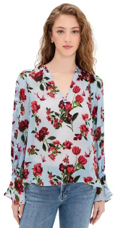 ALICE + OLIVIA Moranne Blouson Ruffle Sleeve Top American Beauty Carolina Blue | Thumbnail 1 ALICE + OLIVIA Moranne Blouson Ruffle Sleeve Top American Beauty Carolina Blue | Thumbnail 1