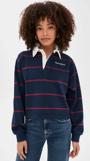Sporty & Rich Serif Logo Rugby Polo Dark Navy/White/Merlot | Thumbnail 2 Sporty & Rich Serif Logo Rugby Polo Dark Navy/White/Merlot | Thumbnail 2