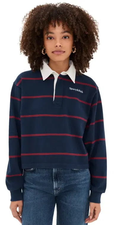 Sporty & Rich Serif Logo Rugby Polo Dark Navy/White/Merlot | Thumbnail 1 Sporty & Rich Serif Logo Rugby Polo Dark Navy/White/Merlot | Thumbnail 1