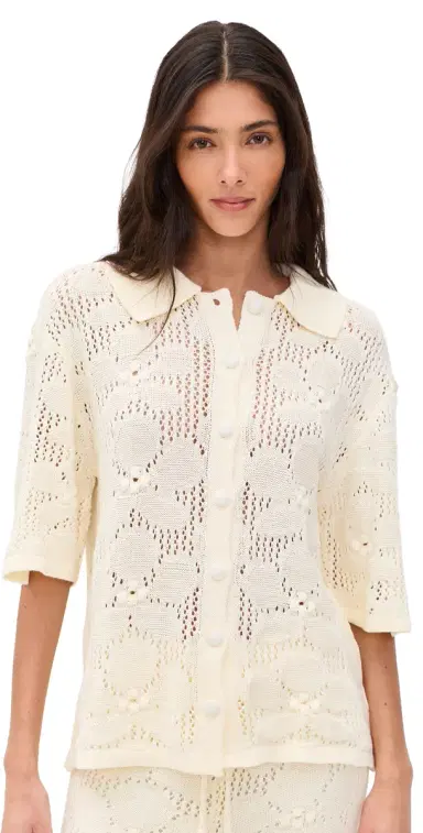Dress To Floral Crochet Short Sleeve Shirt Beige hell | Thumbnail 1 Dress To Floral Crochet Short Sleeve Shirt Beige hell | Thumbnail 1