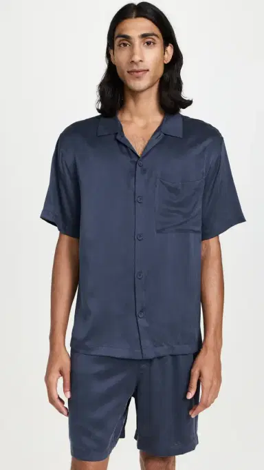 Lunya Washable Silk Button Up Short Pajamas Set Deep Blue | Thumbnail 2 Lunya Washable Silk Button Up Short Pajamas Set Deep Blue | Thumbnail 2