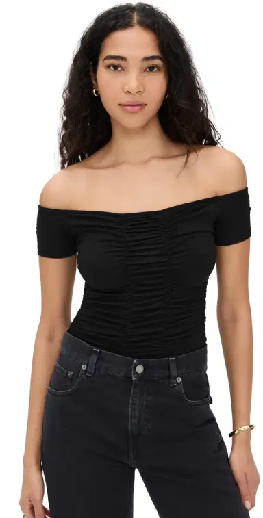 L'Agence Baliegh Off Shoulder Ruched Bodysuit Black | Thumbnail 1 L'Agence Baliegh Off Shoulder Ruched Bodysuit Black | Thumbnail 1