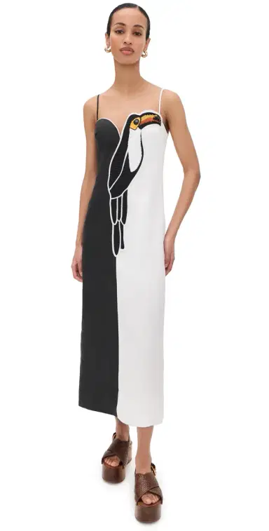 FARM Rio Black and White Embroidered Toucan Sleeve Dress Black and White | Thumbnail 1 FARM Rio Black and White Embroidered Toucan Sleeve Dress Black and White | Thumbnail 1