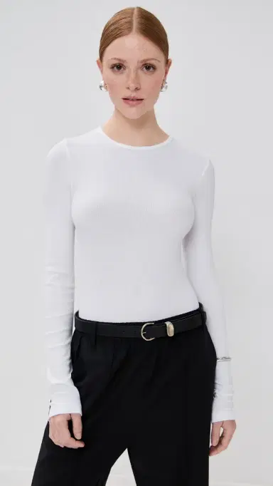 Tibi Circular Ribbed Crew Neck Pullover T-Shirt White | Thumbnail 2 Tibi Circular Ribbed Crew Neck Pullover T-Shirt White | Thumbnail 2