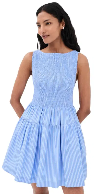 Hill House Home The Cosima Smocked Mini Dress Blue Stripe | Thumbnail 1 Hill House Home The Cosima Smocked Mini Dress Blue Stripe | Thumbnail 1