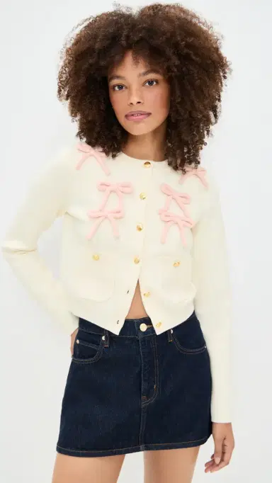 English Factory Bow Cardigan Cream/Pink | Thumbnail 2 English Factory Bow Cardigan Cream/Pink | Thumbnail 2