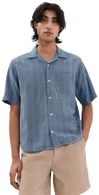 Corridor triped eersucker Short Sleeve Shirt Indigo | Thumbnail 1 Corridor triped eersucker Short Sleeve Shirt Indigo | Thumbnail 1