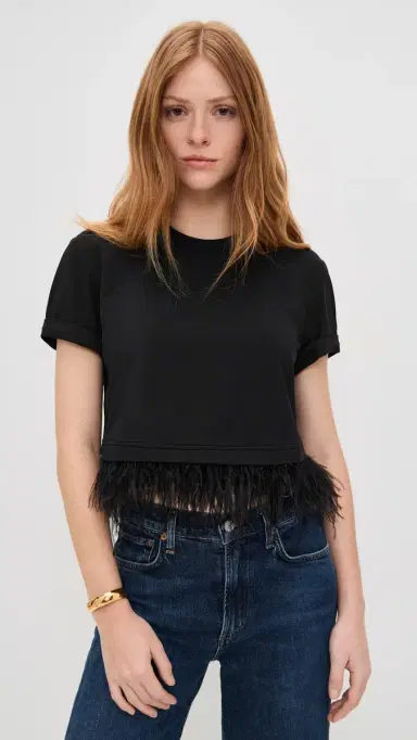 Cinq à Sept Short Sleeve Cropped Feather Tee Black | Thumbnail 2 Cinq à Sept Short Sleeve Cropped Feather Tee Black | Thumbnail 2