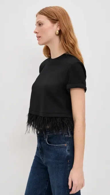 Cinq à Sept Short Sleeve Cropped Feather Tee Black | Thumbnail 4 Cinq à Sept Short Sleeve Cropped Feather Tee Black | Thumbnail 4