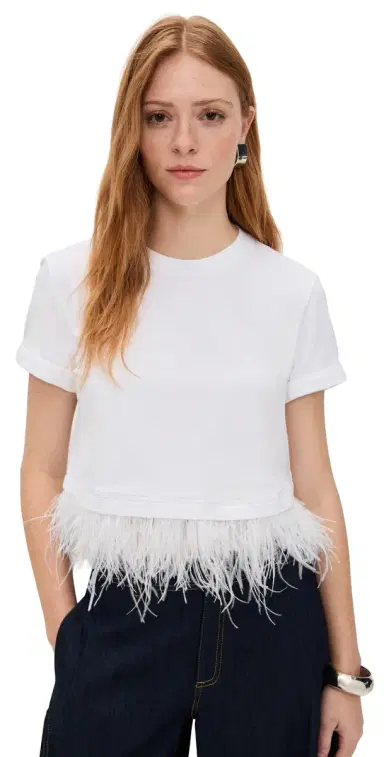 Cinq à Sept Short Sleeve Cropped Feather Tee | Thumbnail 1 Cinq à Sept Short Sleeve Cropped Feather Tee | Thumbnail 1