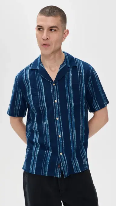Faherty Short Sleeve Indigo Camp Shirt Northern Blue Indigo Stripe | Thumbnail 2 Faherty Short Sleeve Indigo Camp Shirt Northern Blue Indigo Stripe | Thumbnail 2