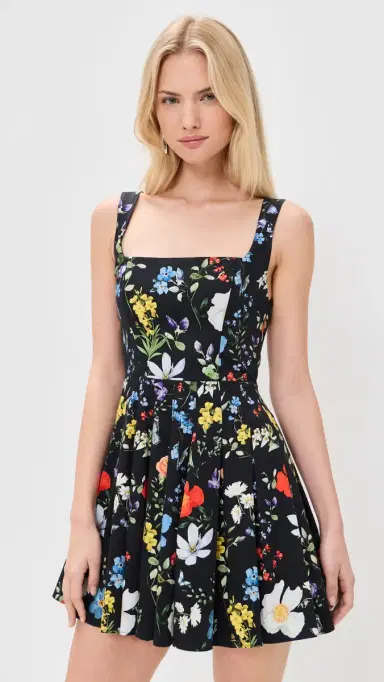 ALICE + OLIVIA Veda Pleated Mini Dress Twisting Vines Black | Thumbnail 2 ALICE + OLIVIA Veda Pleated Mini Dress Twisting Vines Black | Thumbnail 2