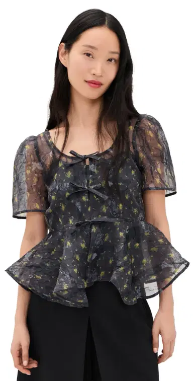 Ganni Printed Shibori Organza Sun Cut Peplum Blouse | Thumbnail 1 Ganni Printed Shibori Organza Sun Cut Peplum Blouse | Thumbnail 1