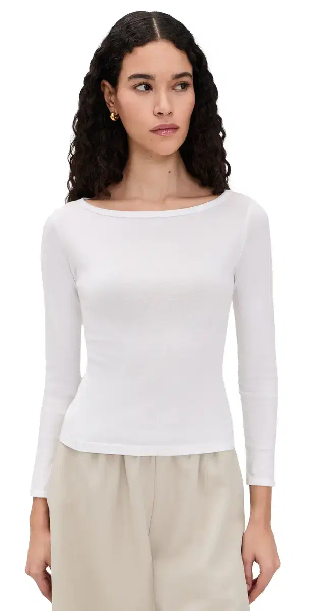 Fine Cotton Boat Neck ong Sleeve Top White Fine Cotton Boat Neck ong Sleeve Top White