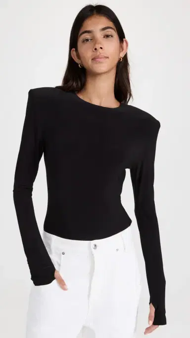 Norma Kamali Shoulder Pad Long Sleeve Crew Top Black | Thumbnail 2 Norma Kamali Shoulder Pad Long Sleeve Crew Top Black | Thumbnail 2