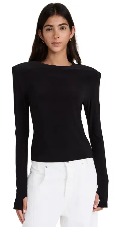 Norma Kamali Shoulder Pad Long Sleeve Crew Top Black | Thumbnail 1 Norma Kamali Shoulder Pad Long Sleeve Crew Top Black | Thumbnail 1