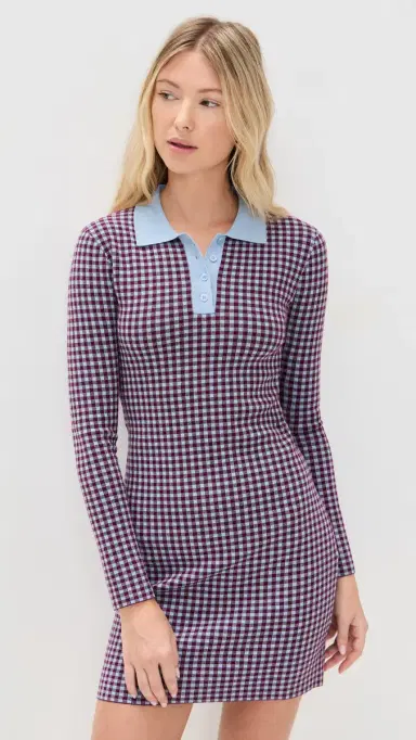 LE BOP Gingham Knit Polo Mini Dress Burgundy/Light Blue | Thumbnail 2 LE BOP Gingham Knit Polo Mini Dress Burgundy/Light Blue | Thumbnail 2