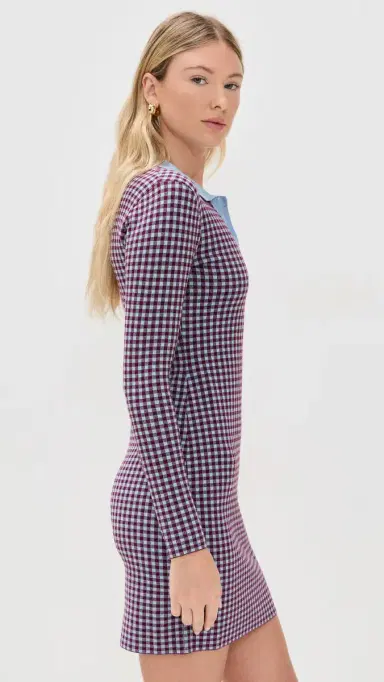 LE BOP Gingham Knit Polo Mini Dress Burgundy/Light Blue | Thumbnail 4 LE BOP Gingham Knit Polo Mini Dress Burgundy/Light Blue | Thumbnail 4