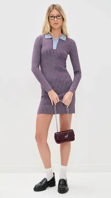 LE BOP Gingham Knit Polo Mini Dress Burgundy/Light Blue | Thumbnail 5 LE BOP Gingham Knit Polo Mini Dress Burgundy/Light Blue | Thumbnail 5