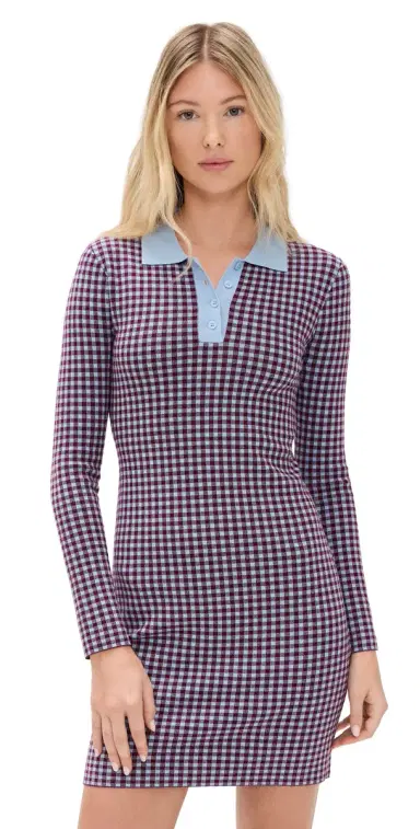 LE BOP Gingham Knit Polo Mini Dress Burgundy/Light Blue | Thumbnail 1 LE BOP Gingham Knit Polo Mini Dress Burgundy/Light Blue | Thumbnail 1