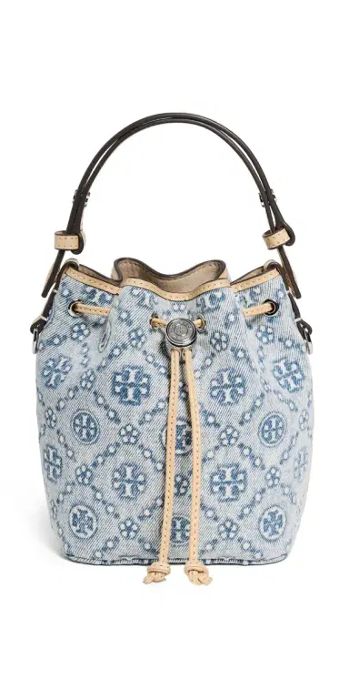 Tory Burch T Monogram Denim Mini Bucket Bag Powder Blue One Size | Thumbnail 1 Tory Burch T Monogram Denim Mini Bucket Bag Powder Blue One Size | Thumbnail 1