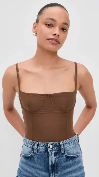 Good American Mesh Bustier Thong Bodysuit Saddlewood | Thumbnail 2 Good American Mesh Bustier Thong Bodysuit Saddlewood | Thumbnail 2