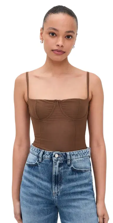 Good American Mesh Bustier Thong Bodysuit Saddlewood | Thumbnail 1 Good American Mesh Bustier Thong Bodysuit Saddlewood | Thumbnail 1