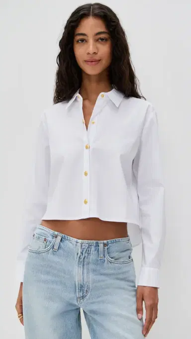 L'AGENCE Cosette Crop High Low Shirt White/Gold | Thumbnail 2 L'AGENCE Cosette Crop High Low Shirt White/Gold | Thumbnail 2