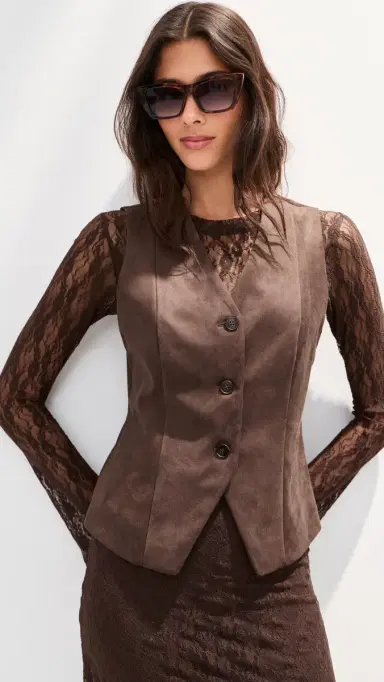 LE BOP Lottie Faux Suede Vest Coffee | Thumbnail 2 LE BOP Lottie Faux Suede Vest Coffee | Thumbnail 2