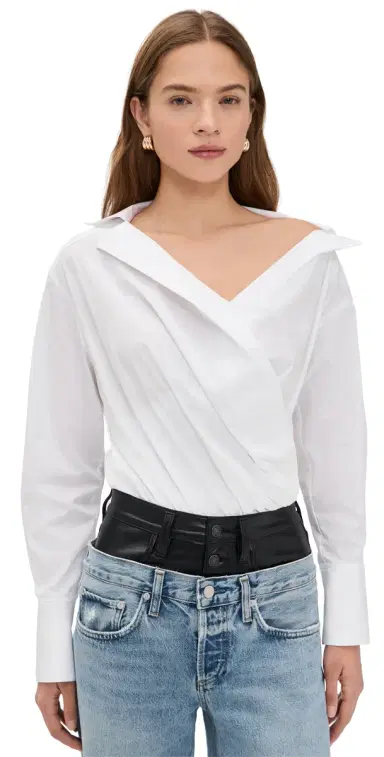 Good American Off Shoulder Poplin Thong Bodysuit White001 | Thumbnail 1 Good American Off Shoulder Poplin Thong Bodysuit White001 | Thumbnail 1