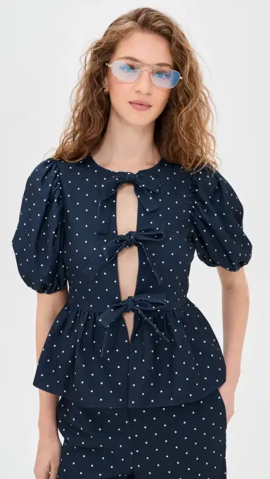 English Factory Polka Dot Puff Sleeve Top Navy | Thumbnail 2 English Factory Polka Dot Puff Sleeve Top Navy | Thumbnail 2