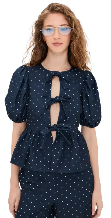 English Factory Polka Dot Puff Sleeve Top Navy | Thumbnail 1 English Factory Polka Dot Puff Sleeve Top Navy | Thumbnail 1