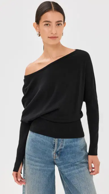 SIMKHAI Lavina Draped Off houlder Sweater Black | Thumbnail 2 SIMKHAI Lavina Draped Off houlder Sweater Black | Thumbnail 2