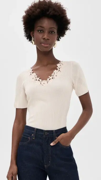 Ulla Johnson Celeste Short Sleeve Knit Top with Lace Pearled | Thumbnail 2 Ulla Johnson Celeste Short Sleeve Knit Top with Lace Pearled | Thumbnail 2