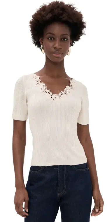 Ulla Johnson Celeste Short Sleeve Knit Top with Lace Pearled | Thumbnail 1 Ulla Johnson Celeste Short Sleeve Knit Top with Lace Pearled | Thumbnail 1