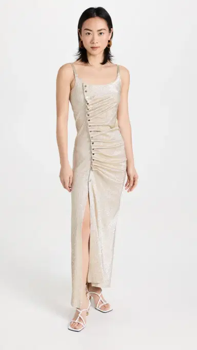 rabanne Draped Midi Dress In Jersey Silver/Gold | Thumbnail 2 rabanne Draped Midi Dress In Jersey Silver/Gold | Thumbnail 2