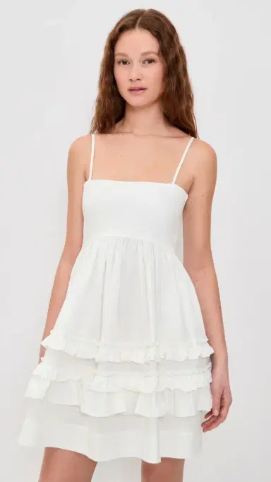 GANNI Stretch Cotton Mini Strap Dress with Frill Bright White | Thumbnail 2 GANNI Stretch Cotton Mini Strap Dress with Frill Bright White | Thumbnail 2