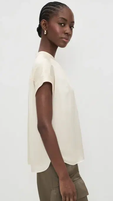 Vince Gathered Neck Cap Sleeve Silk Blouse Crème L | Thumbnail 4 Vince Gathered Neck Cap Sleeve Silk Blouse Crème L | Thumbnail 4